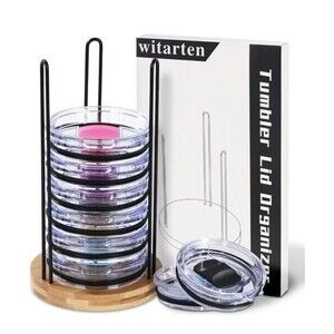 Tumbler Lid Organizer, Detachable Bamboo Cup Lid, Vertical Storage for up to 10